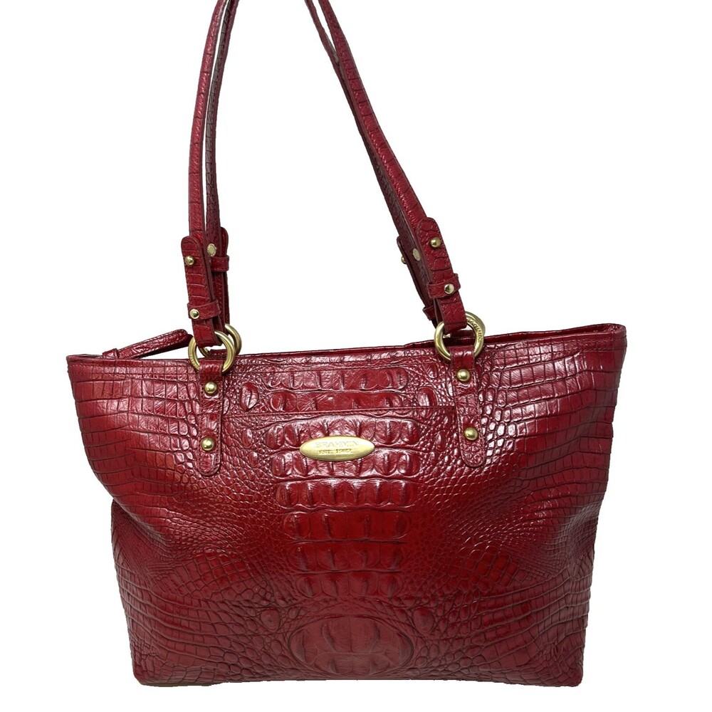 VTG Brahmin Leather Shoulder Tote Bag Purse Red Mock Croc Embossed Stunning!
